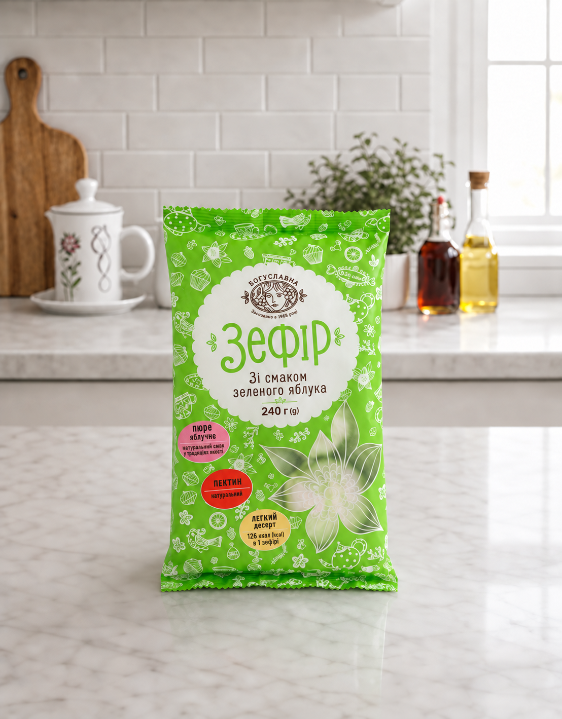 Apple Zephyr Boguslavna 240g package on a marble kitchen counter