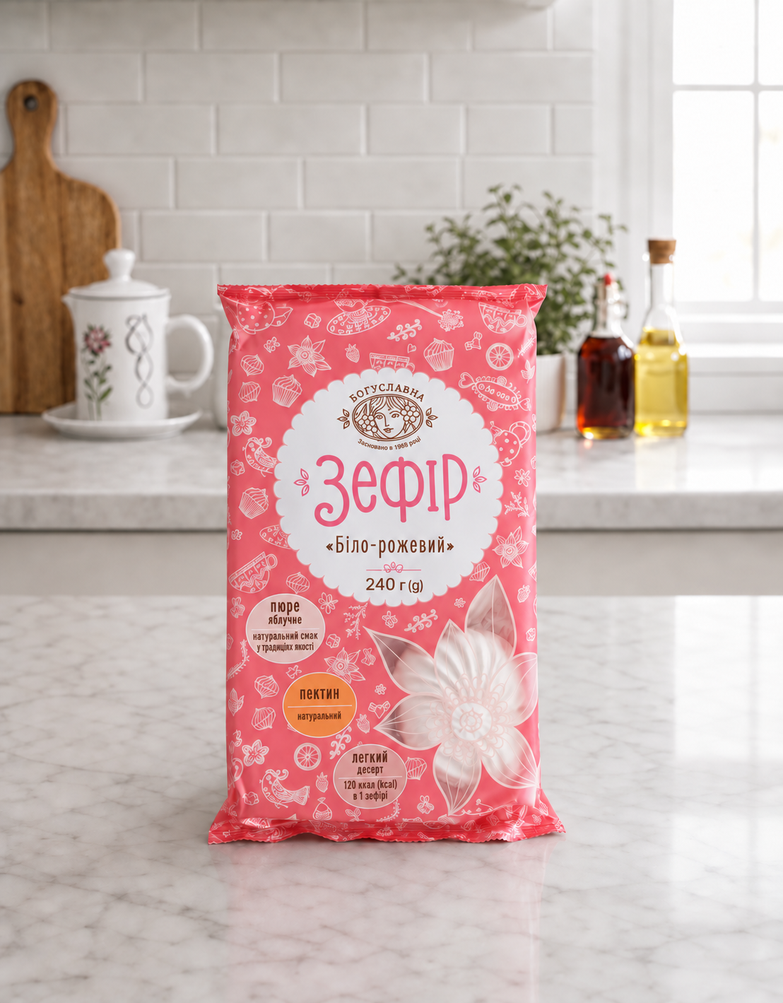 White-Pink Zephyr Boguslavna 240g package on a marble kitchen counter