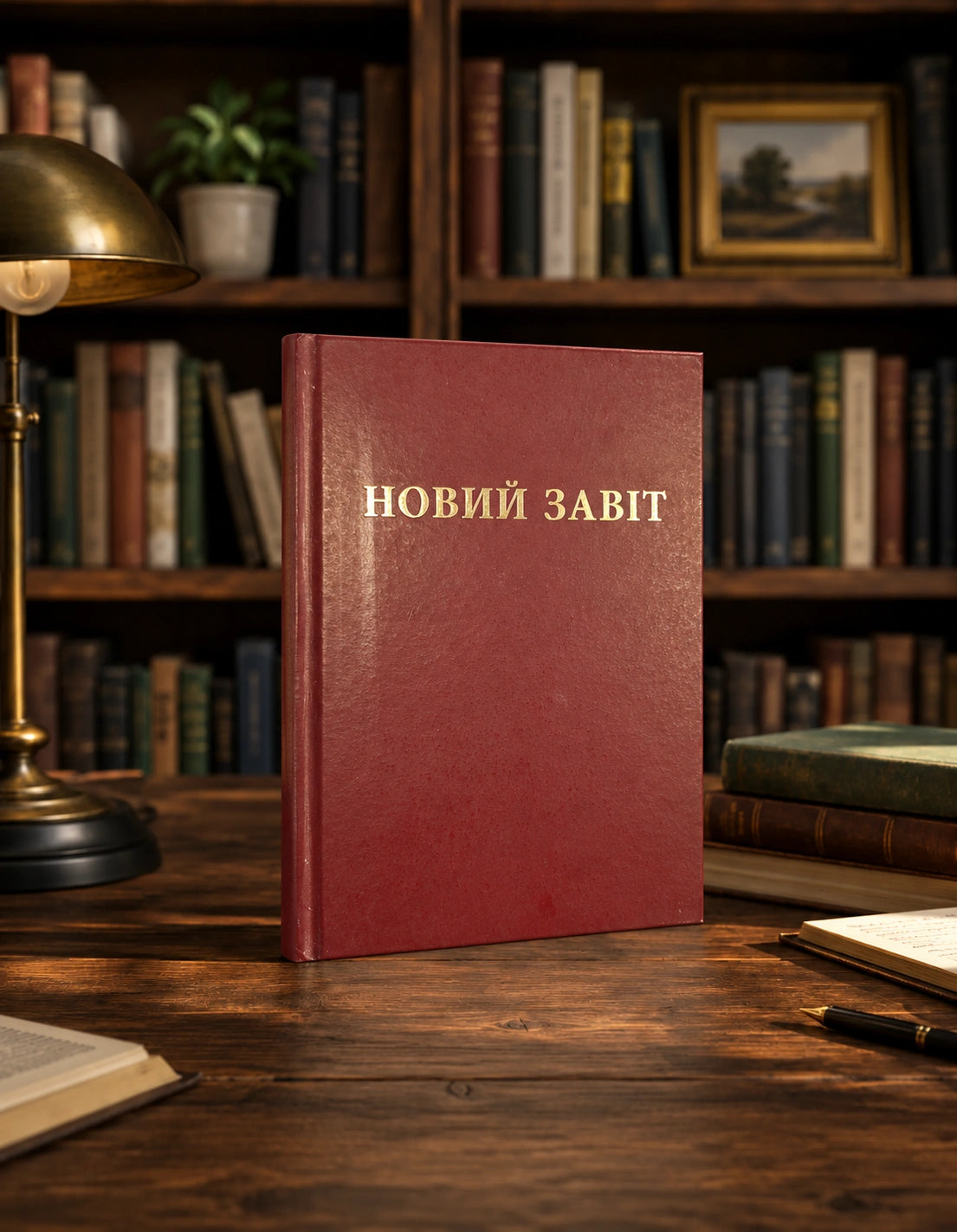 New Testament book with a burgundy cover and gold Ukrainian title Новий Завіт