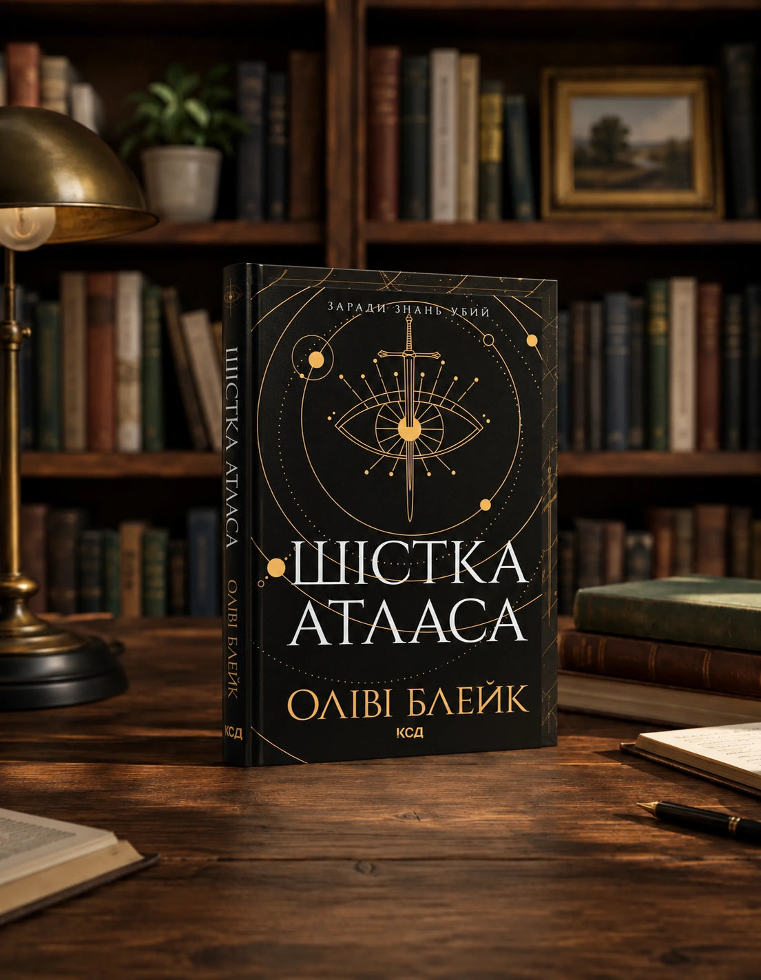 The Atlas Six by Olivie Blake, Ukrainian KSD hardcover edition on a library desk